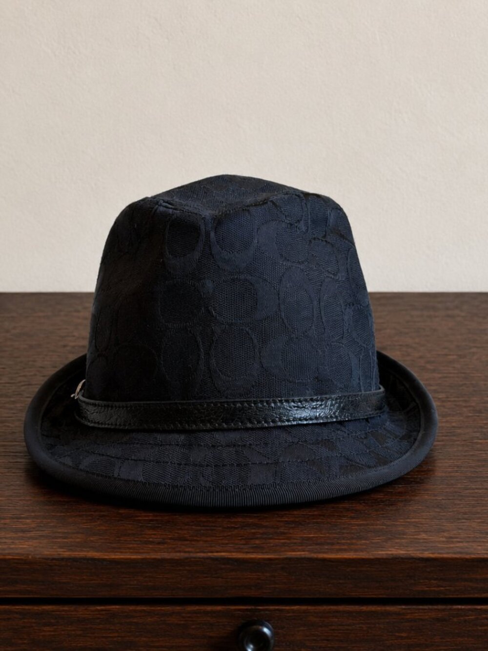 Coach Black Fedora Hat Leather Buckle Y2K M/L